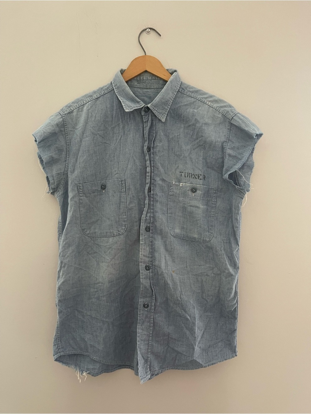Vintage 1960s USN Stencilled Chambray Bully Cut Shirt Size Medium 21x29